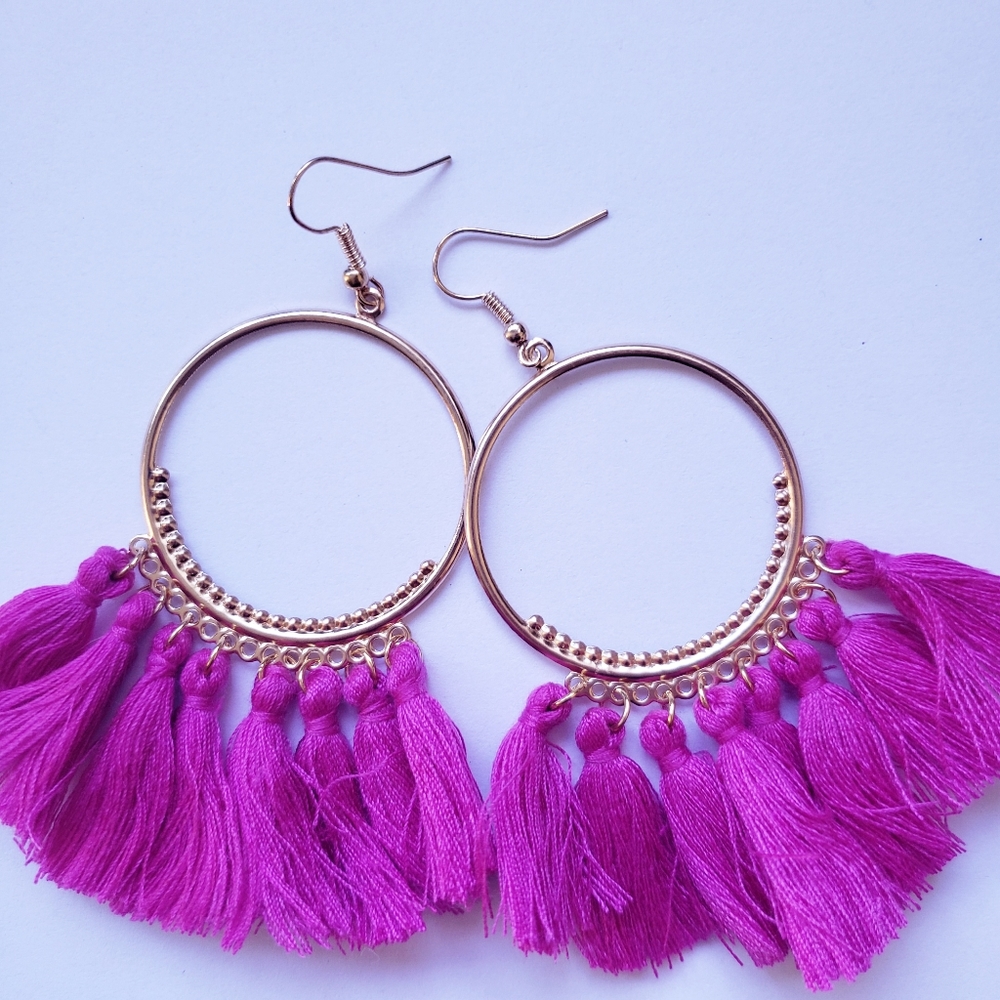 Pink Tassel Boho Hoop Earrings